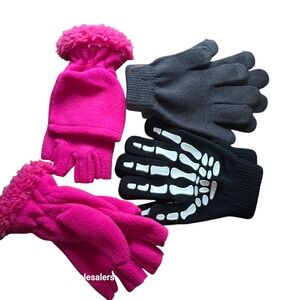 New Kids Gloves Set 3 Pairs Fleece Lined Winter Warm Skeleton Pink Black Gray‎